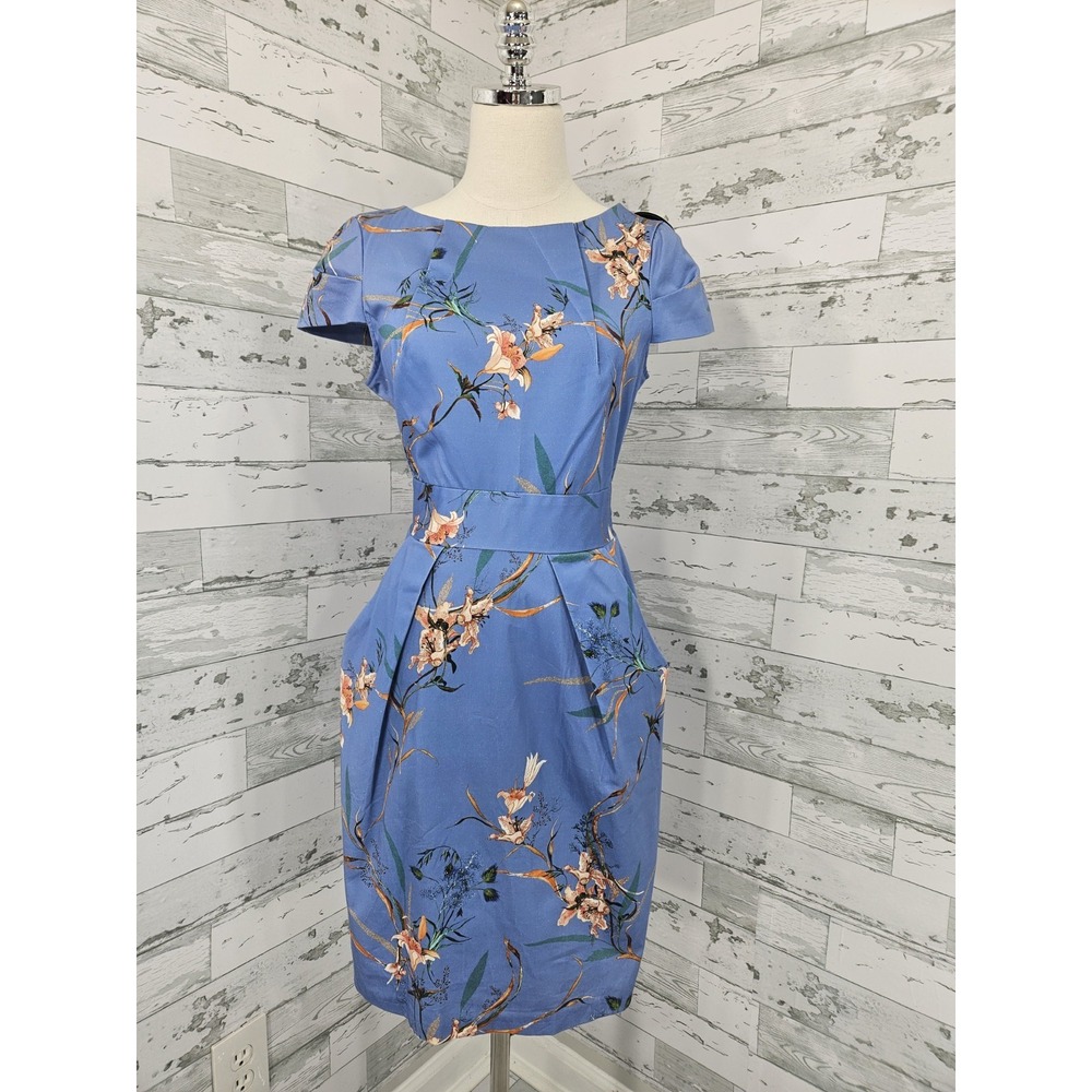 Closet London Blue Floral Tulip Dress Tie Back Side Pockets Women 8